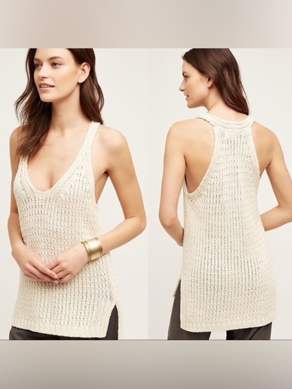 Anthropologie Moth Ivory Knit V-Neck Racerback Boho Tank Top Size S
